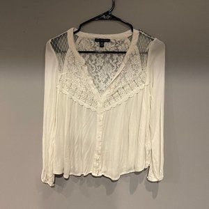 American Eagle White Lace Long Sleeve Button Up Women's Blouse